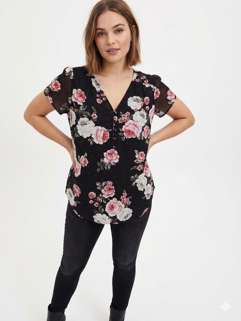 torrid Black Floral V-Neck Short Sleeve Blouse with Pink & White Roses